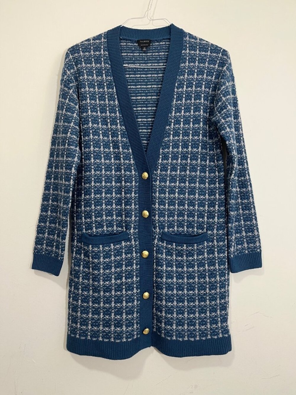 Talbots 100% Merino Wool Tweed Cardigan Sweater XS Longline Blue Plaid Old Money